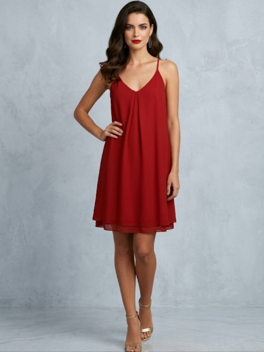 Gianni Bini Red Trapeze Mini Dress Sleeveless Spaghetti Strap V-Neck L